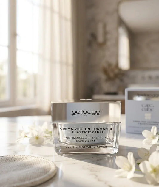 Crema viso uniformante e elasticizzante Bellaoggi Italia su marmo con fiori bianchi