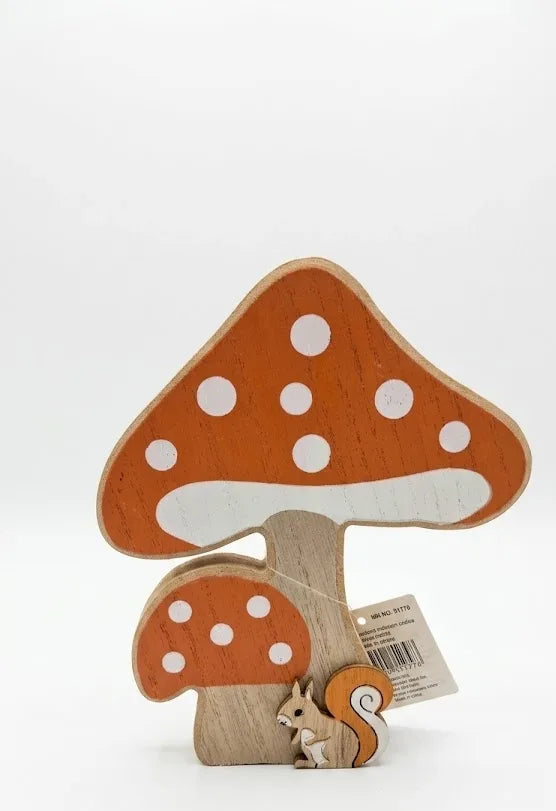 Funghi in Legno Decorativi Autunnali con Scoiattolo