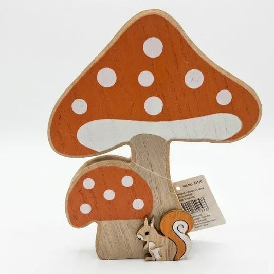 Funghi in Legno Decorativi Autunnali con Scoiattolo