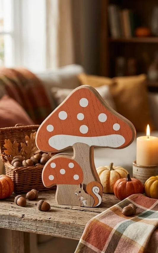 Funghi in Legno Decorativi Autunnali con Scoiattolo