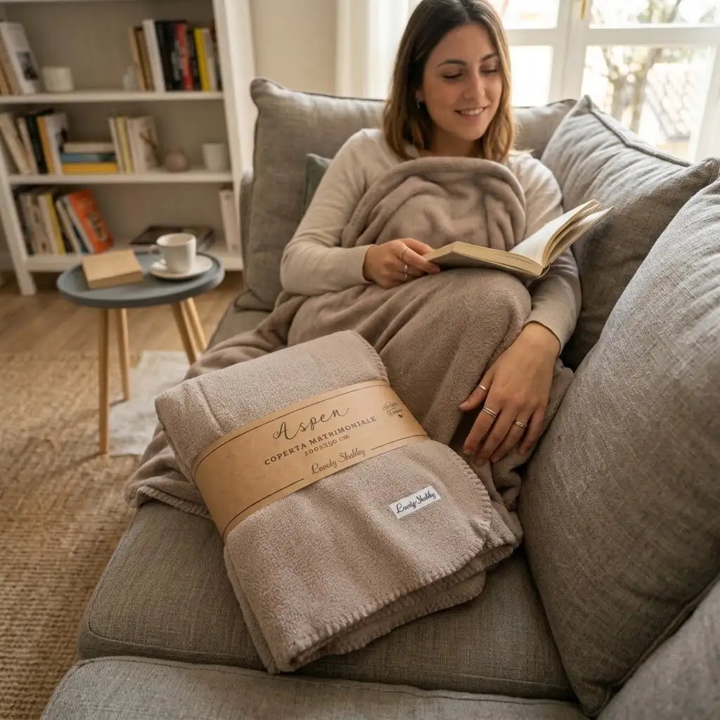 coperta matrimoniale color sabbia su divano 