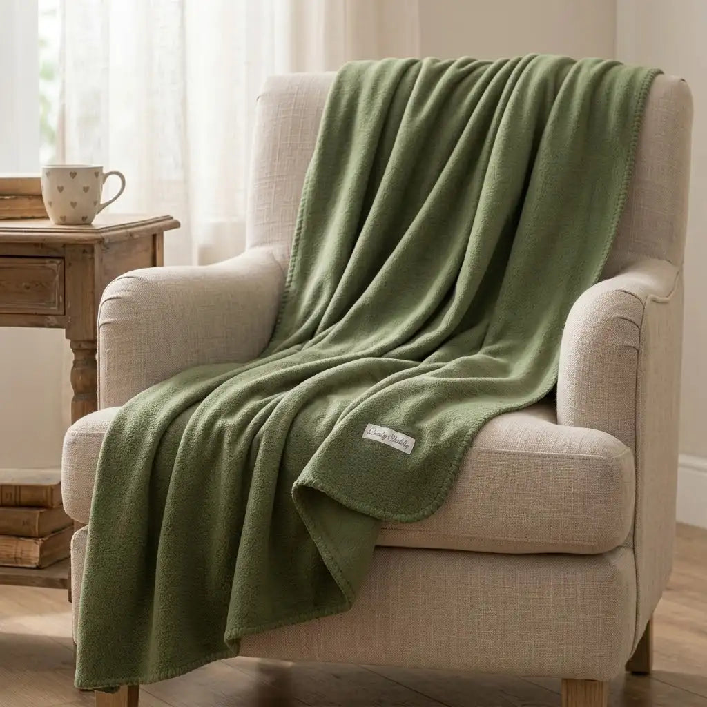 coperta matrimoniale verde aperta sulla poltrona 