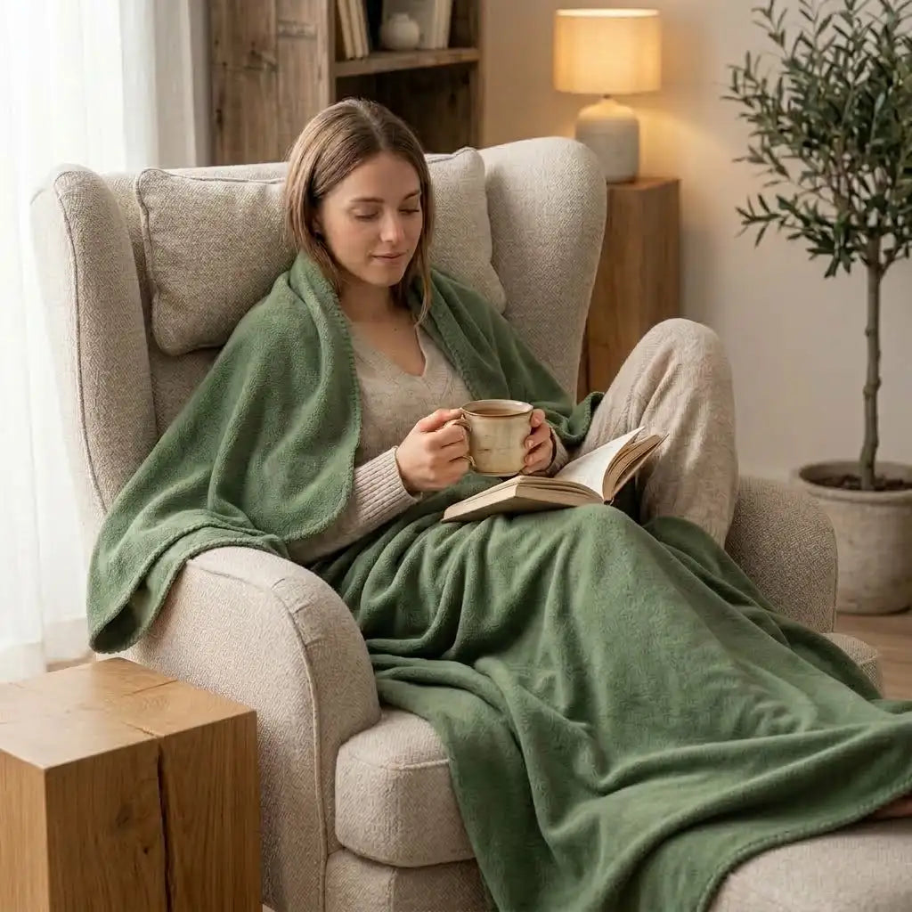 coperta matrimoniale verde con persona su poltrona 
