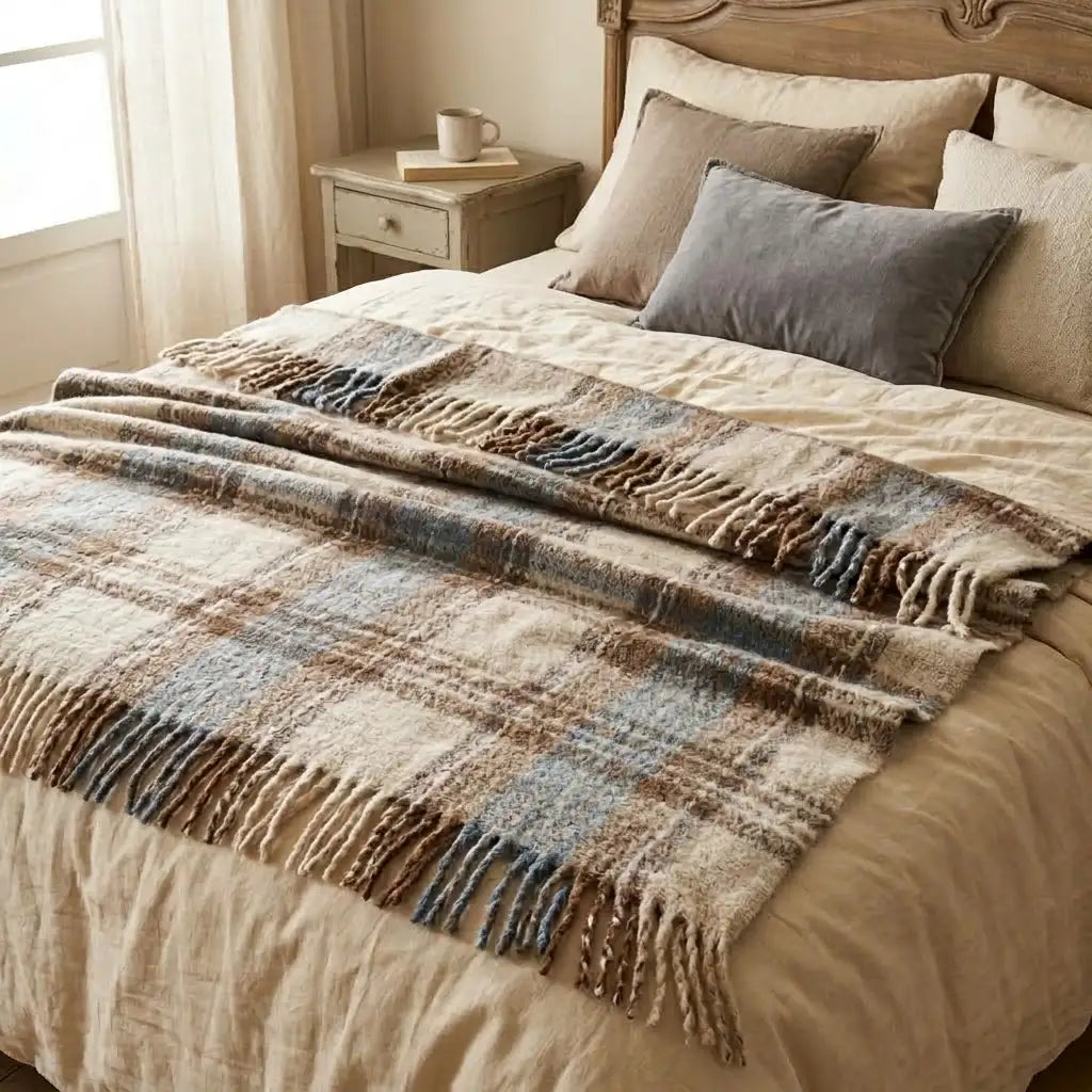 Plaid con frange 130 x 180 cm color tortora e azzurro