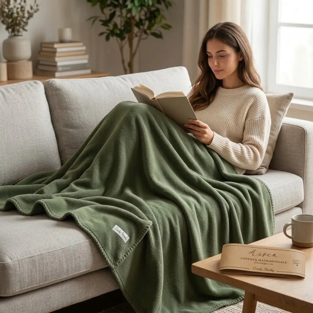 coperta matrimoniale verde con persona sul divano 