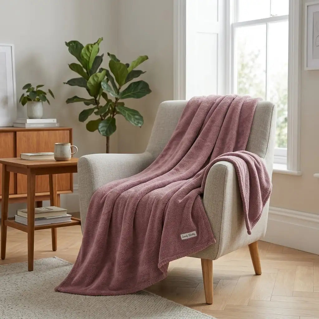 coperta matrimoniale rosa aperta su poltrona