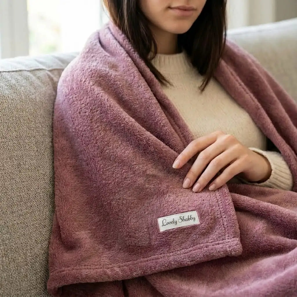 coperta matrimoniale rosa sul divano con persona 