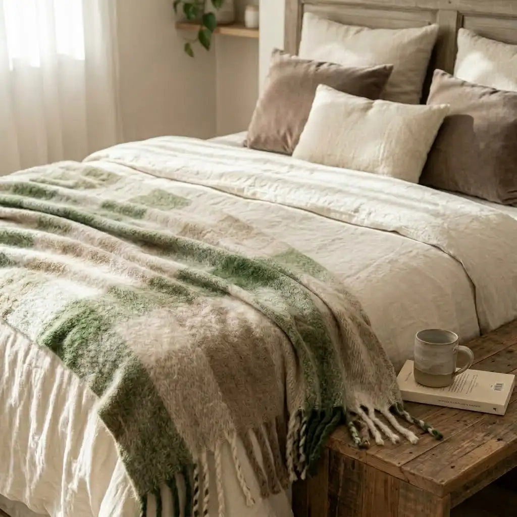 Plaid con frange  130 x 180 cm color sabbia e verde