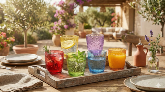 Bicchieri colorati in vetro per bevande estive su vassoio in legno, ideali per giardino o cucina