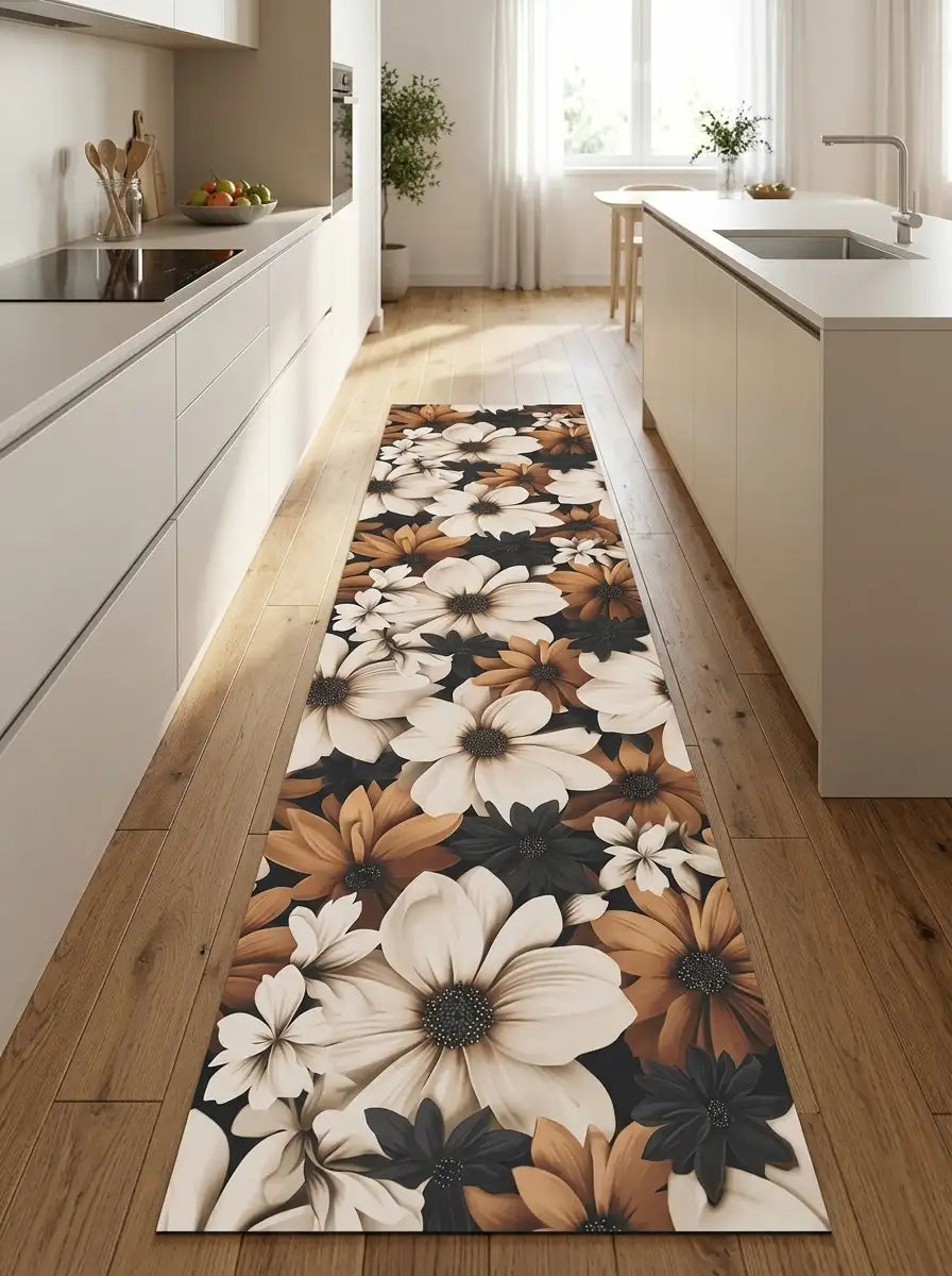 Tappeto al taglio lavabile con fantasia floreale bianca e terracotta