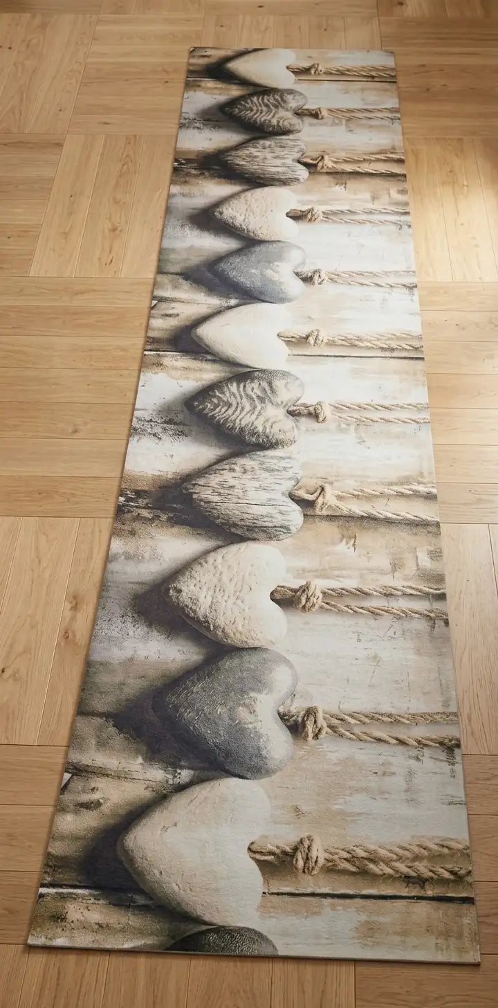 Dettaglio del tappeto lavabile con fantasia cuori e corde