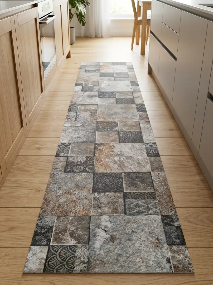 Passatoia in vinile al taglio effetto piastrelle vintage grigio e beige