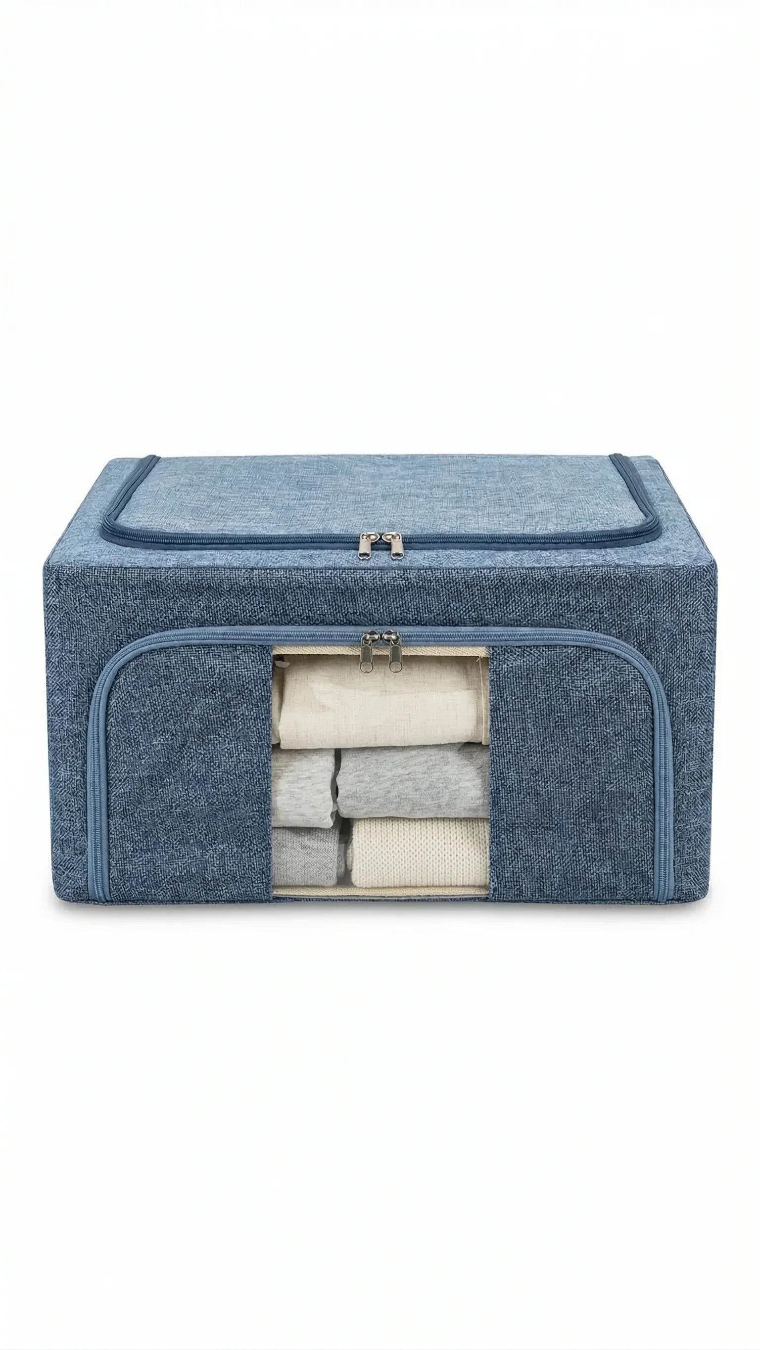 Organizer armadio in tessuto blu con zip, ideale per maglie e abiti, spazio di stoccaggio ordinato