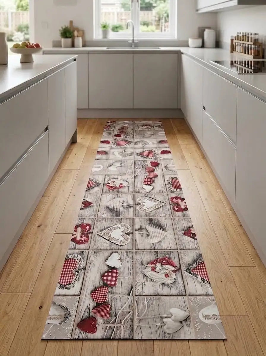 Tappeto al taglio lavabile con cuori country rossi su fondo effetto legno