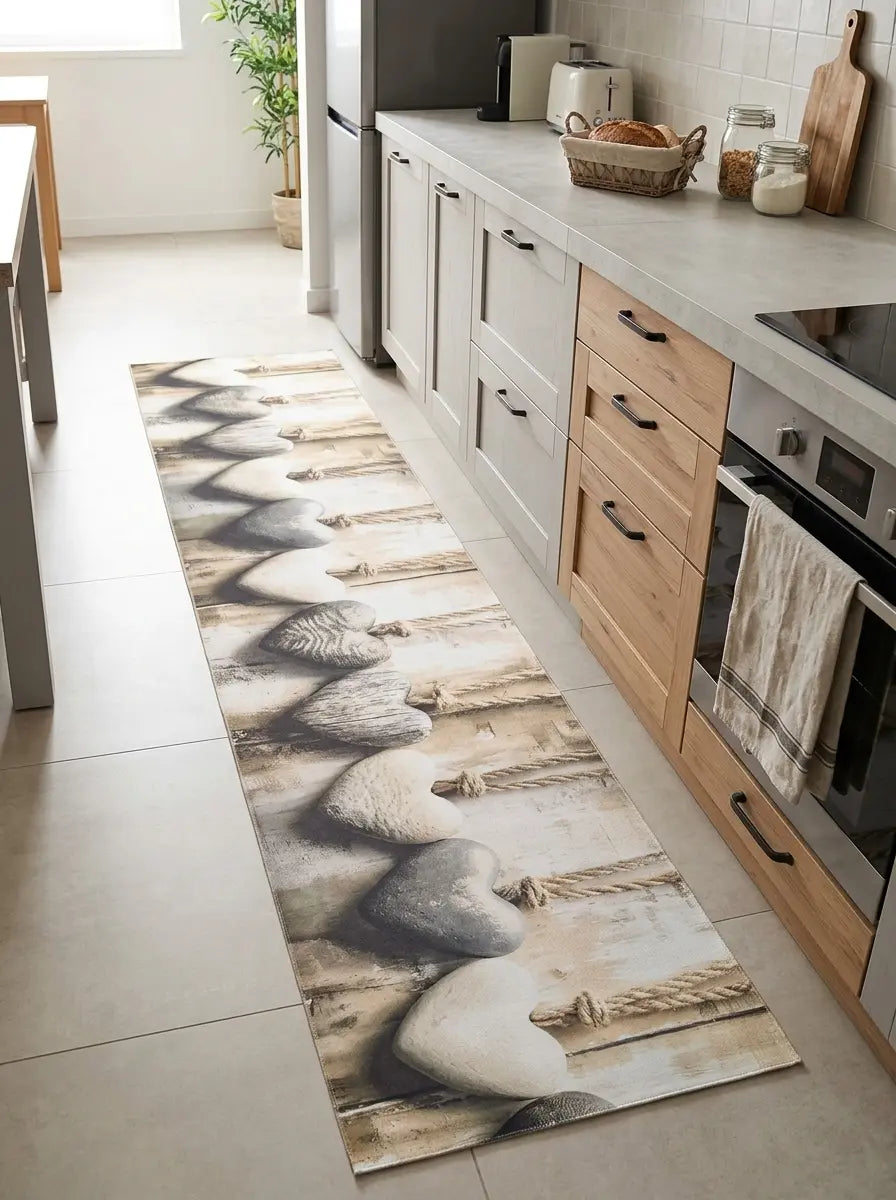 Tappeto al taglio lavabile con fantasia cuori e corde beige e grigio