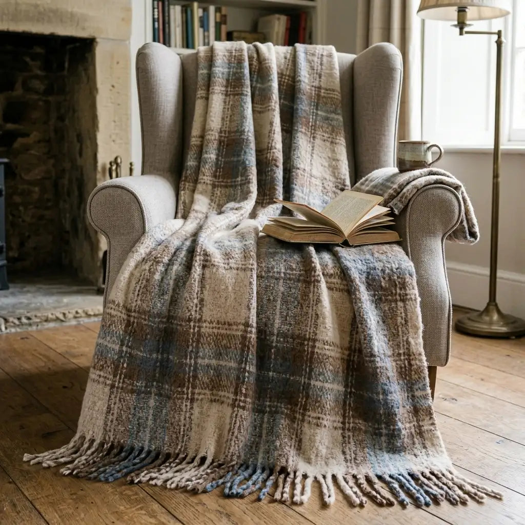 Plaid con frange 130 x 180 cm color tortora e azzurro