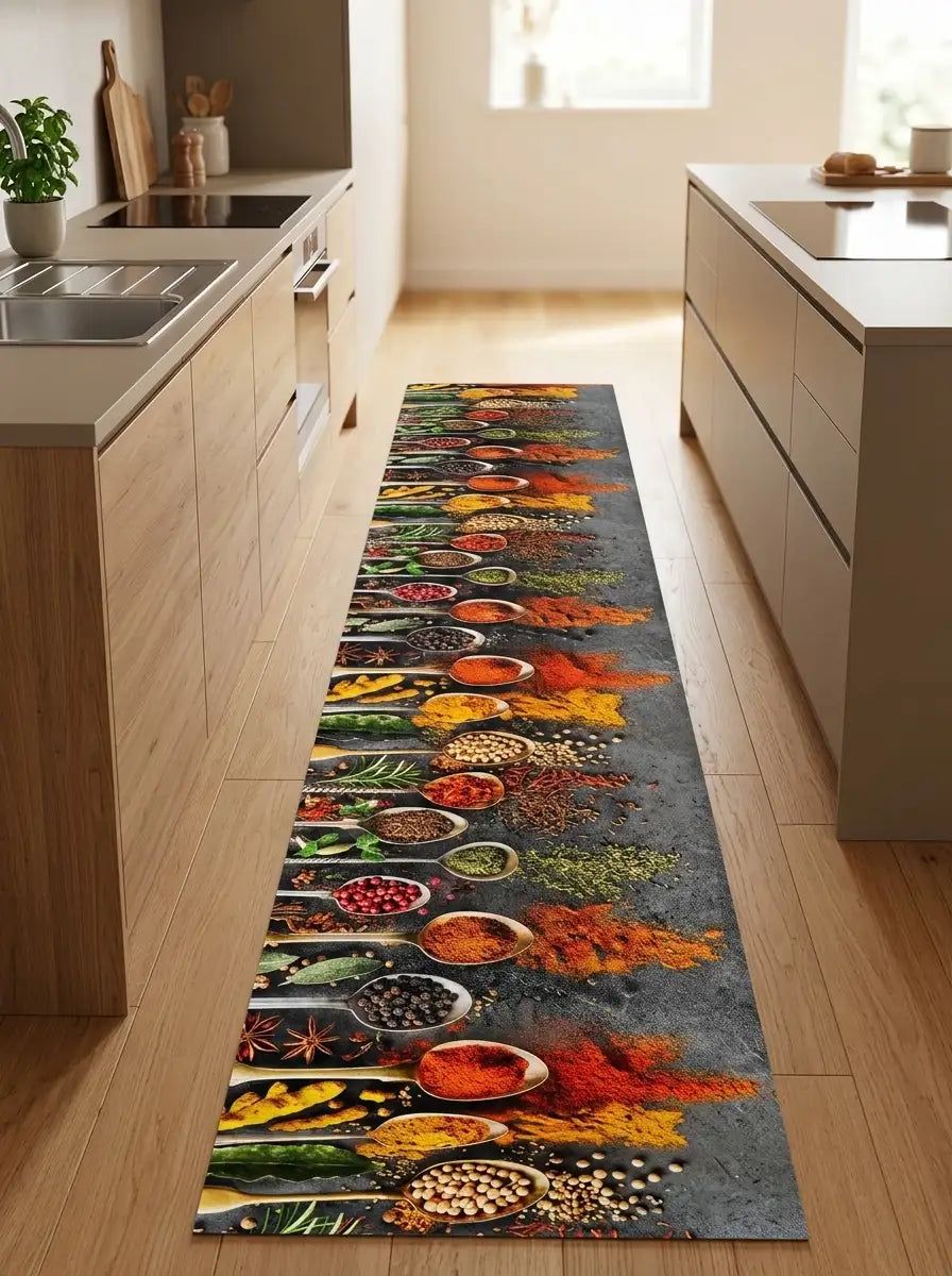 Passatoia al taglio lavabile per cucina con fantasia di spezie e aromi colorati