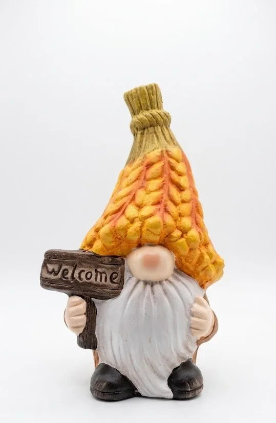 Gnomo di Ceramica Autunnale Welcome con Cappello a Maglia – 16x9x6,5 cm