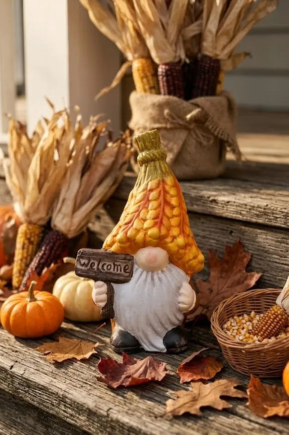 Gnomo di Ceramica Autunnale Welcome con Cappello a Maglia – 16x9x6,5 cm