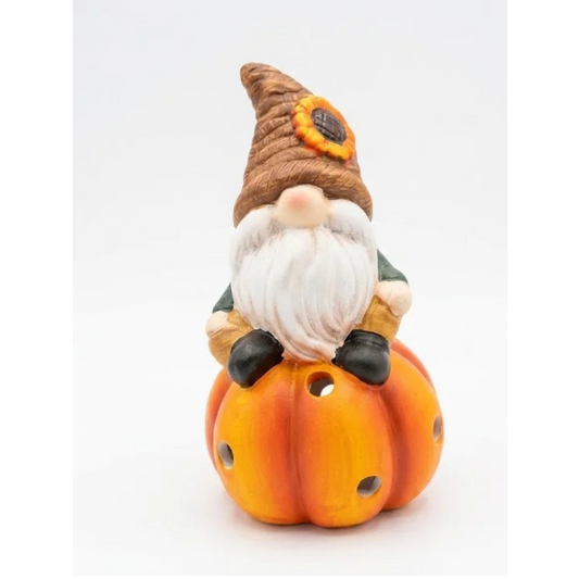 Gnomo di Ceramica con Luce Autunnale su Zucca – 9,7x9,7x16 cm