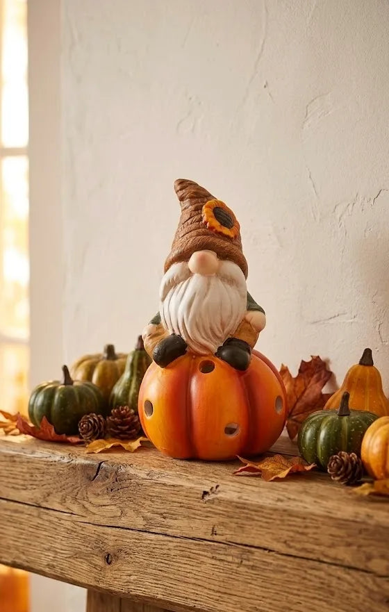 Gnomo di Ceramica con Luce Autunnale su Zucca – 9,7x9,7x16 cm