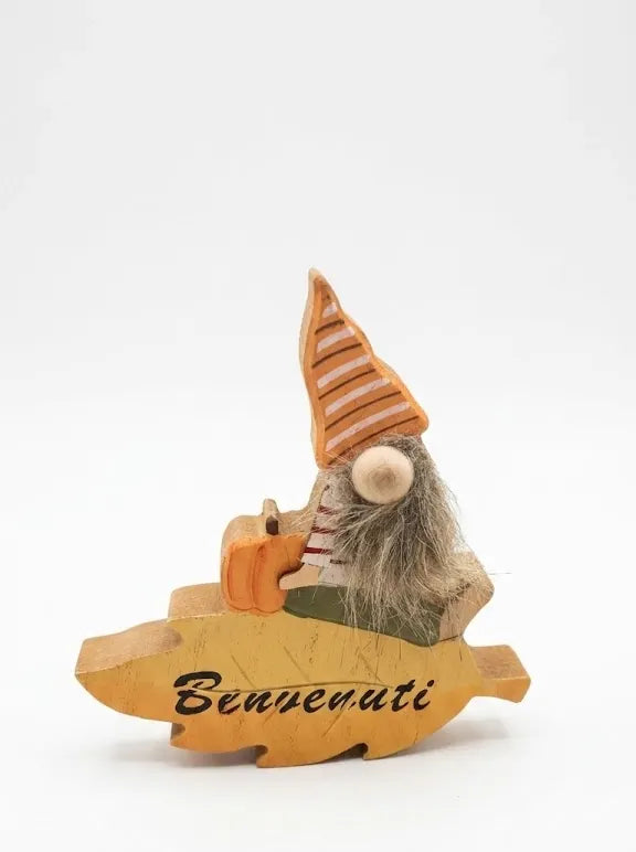Gnomo in Legno Autunnale Benvenuti su Foglia – 12x12x2 cm