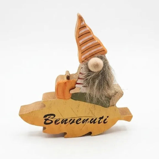 Gnomo in Legno Autunnale Benvenuti su Foglia – 12x12x2 cm