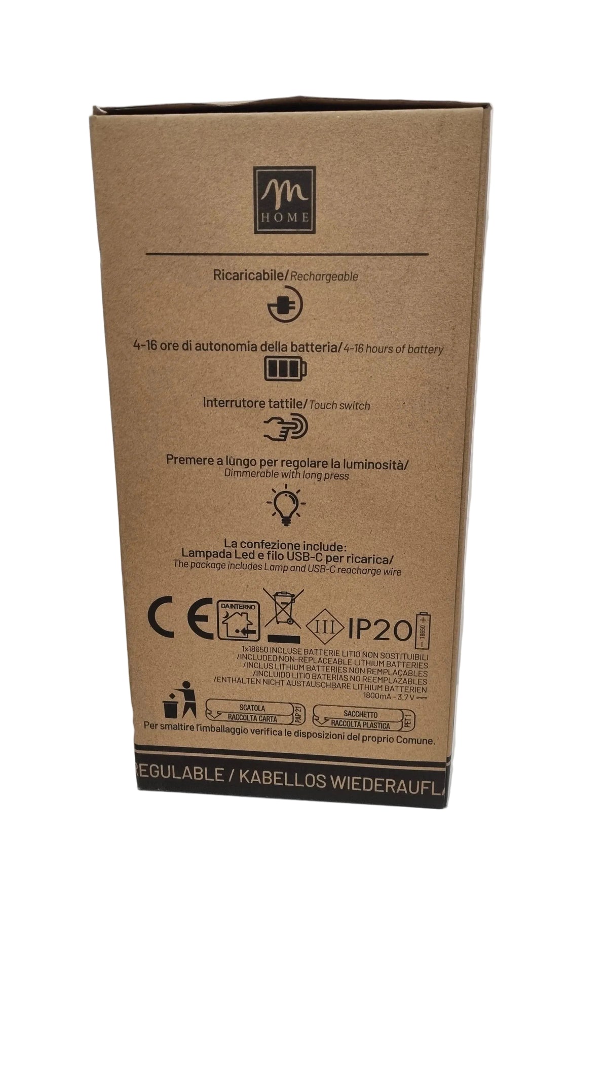 Confezione lampada LED ricaricabile con interruttore tattile e autonomia 4-16 ore, IP20