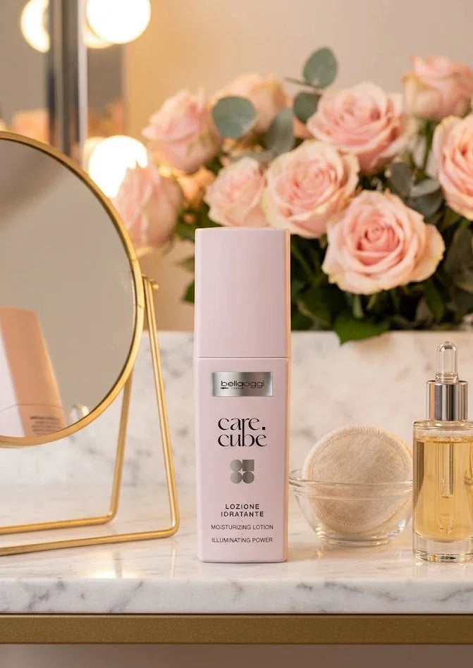 Lozione idratante Care.Cube con potere illuminante, su mensola marmo con rose e specchio da trucco