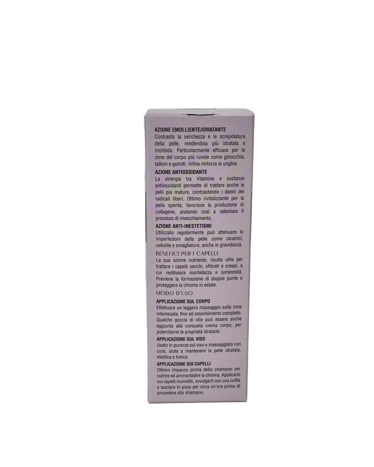 Confezione prodotto cosmetico con istruzioni uso corpo viso capelli, azione idratante antioxidante