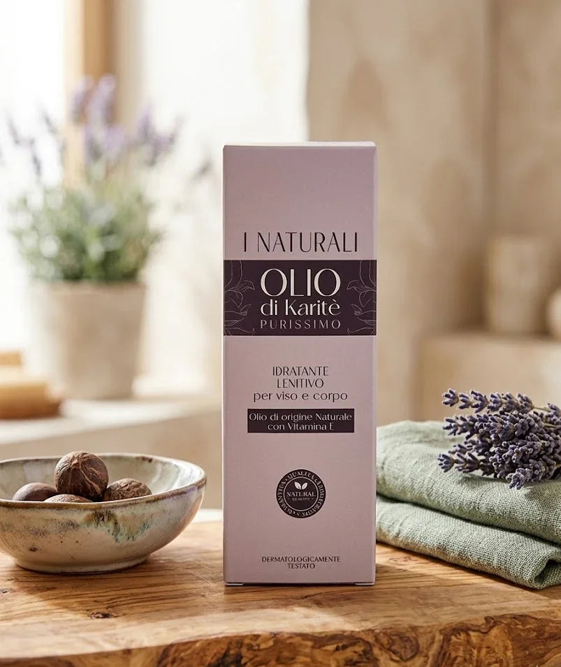 Olio di Karité naturale idratante viso e corpo, con vitamina E, in confezione elegante su legno