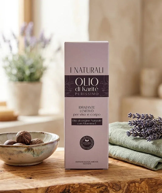 Olio di Karité naturale idratante viso e corpo, con vitamina E, in confezione elegante su legno
