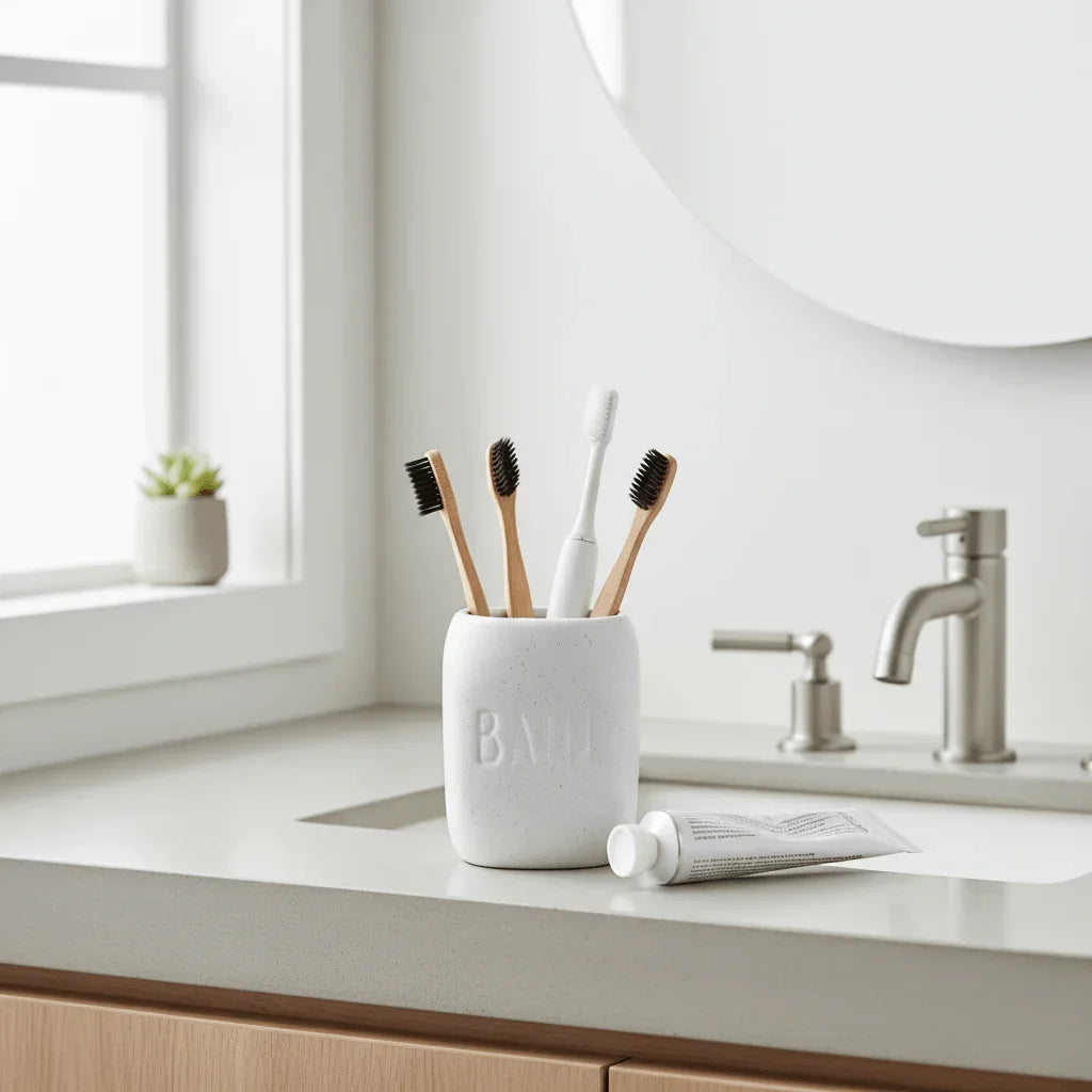 Portaspazzolini ceramica bianco texture puntinata – stile naturale