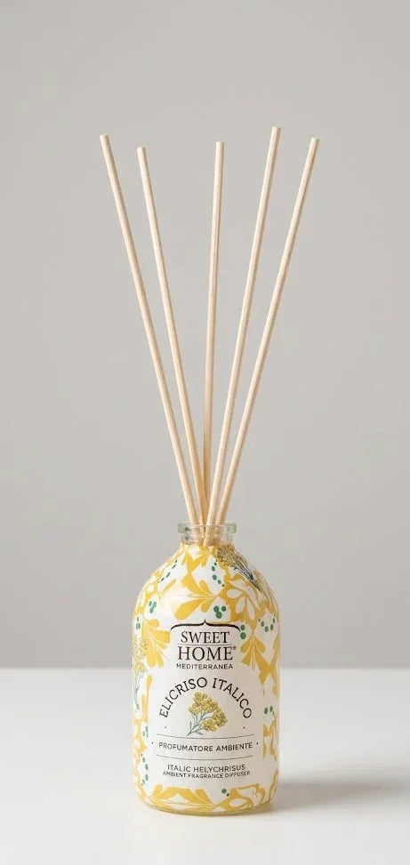 Profumatore ambiente Sweet Home con bastoncini, fragranza Elicriso Italico, decoro giallo e bianco