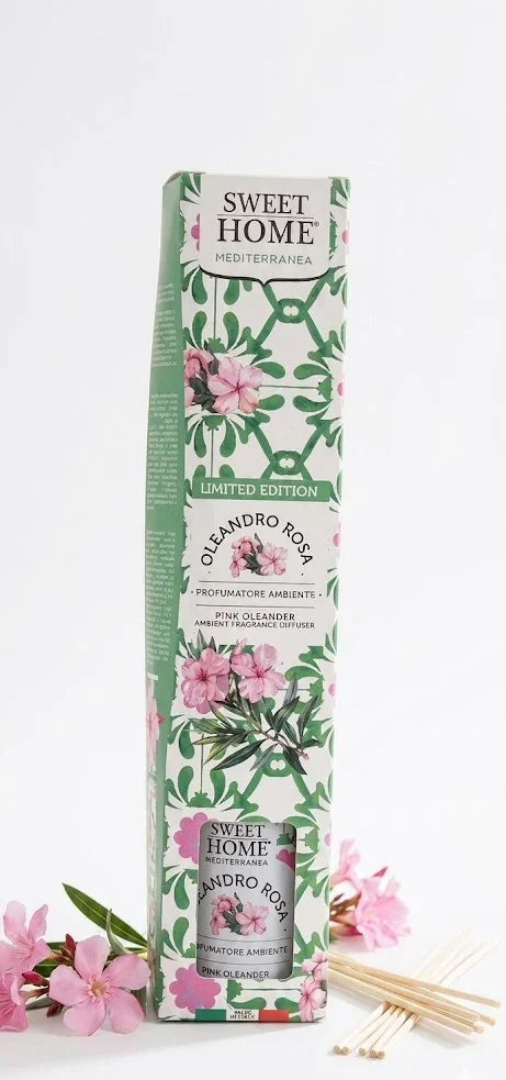 Profumatore ambiente Sweet Home Mediterranea Oleandro Rosa, edizione limitata con bastoncini e fiori rosa