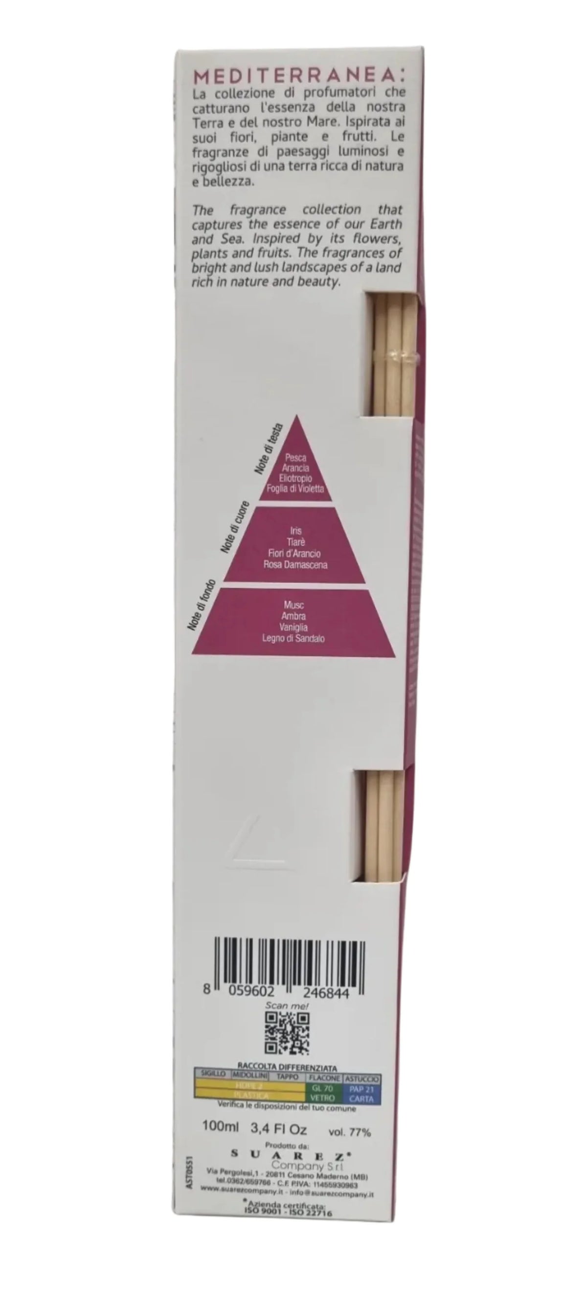Profumatore ambiente Mediterranea con bastoncini, note di testa, cuore e fondo, 100ml