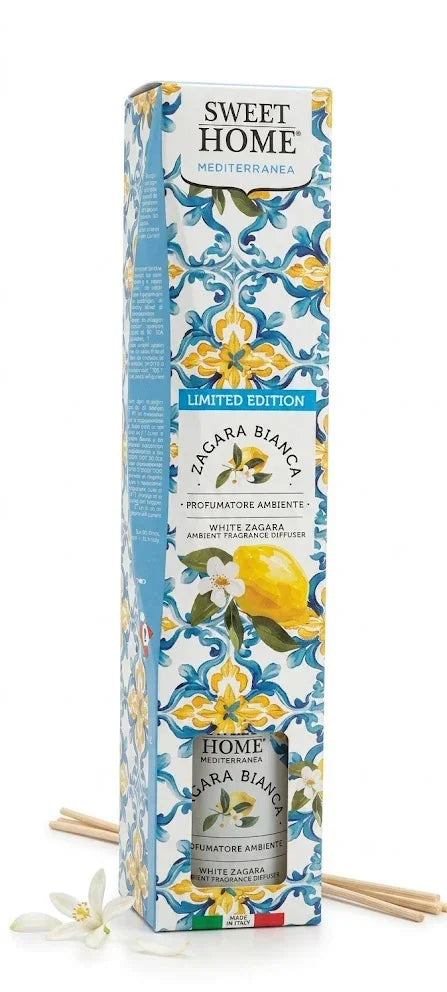 Profumatore ambiente Sweet Home Mediterranea Zacara Bianca, edizione limitata con bastoncini e fiore bianco