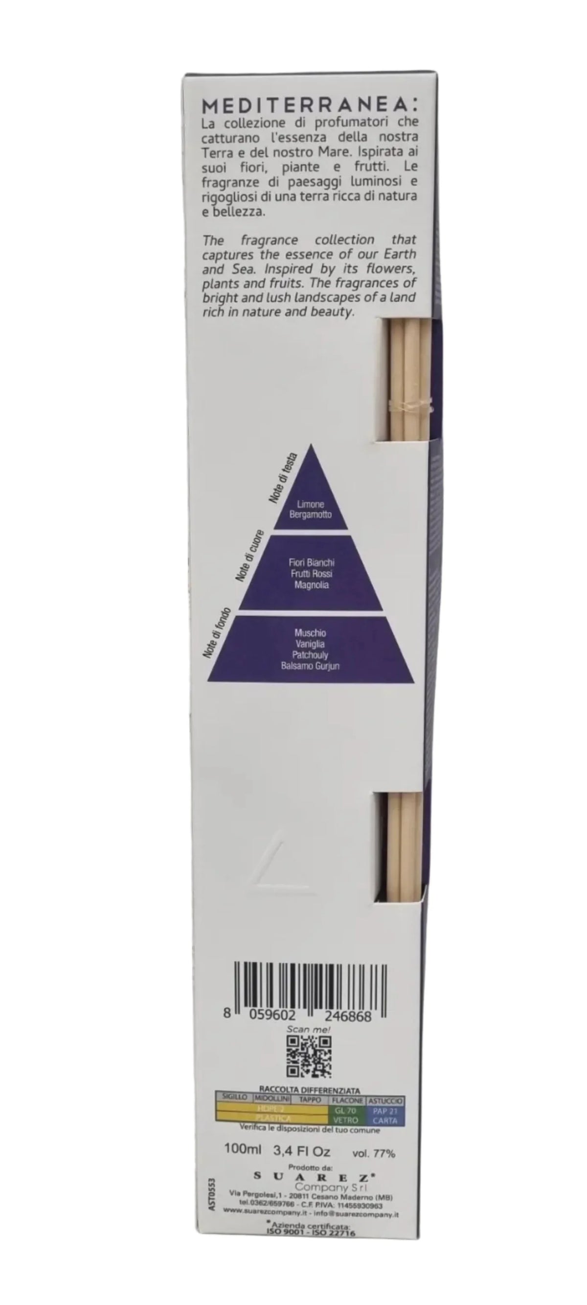 Diffusore profumo Mediterranea con bastoncini, note di limone, muschio e fiori bianchi, 100ml