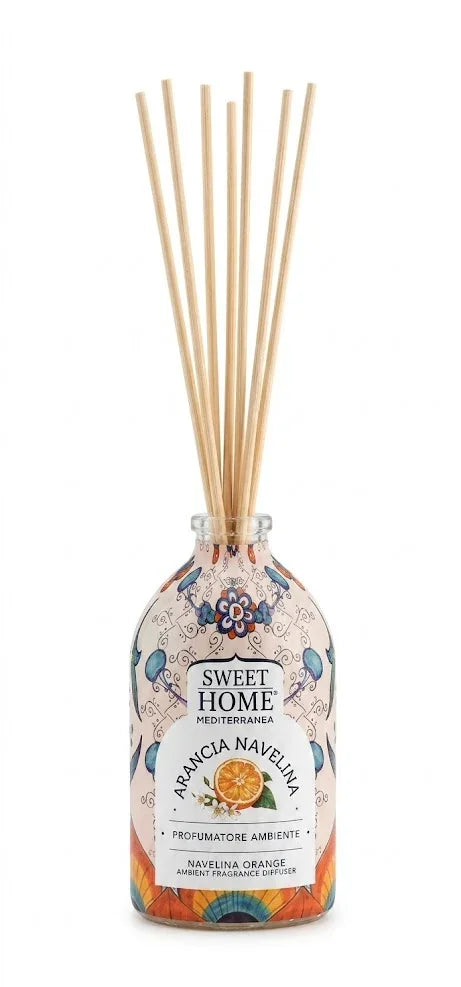 Profumatore ambiente arancia navelina con bastoncini, design mediterraneo colorato