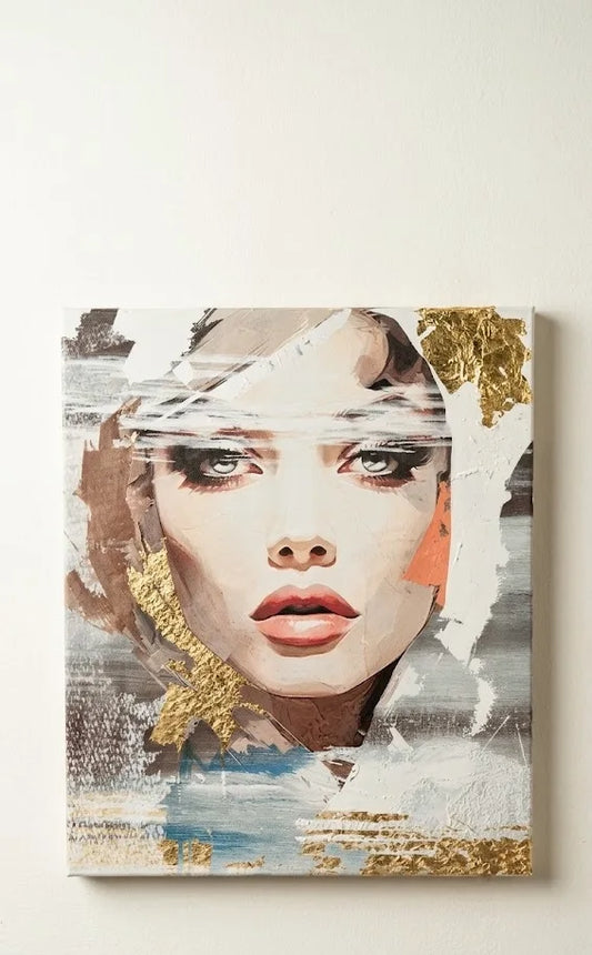 Quadro Ritratto Donna Oro Beige Moderno – Stampa su Tela 40x50 cm