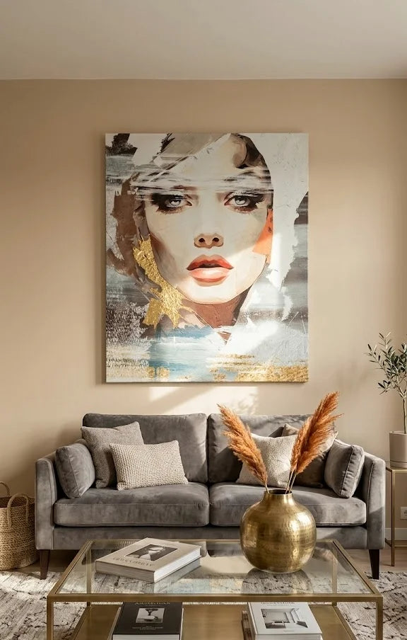 Quadro Ritratto Donna Oro Beige Moderno – Stampa su Tela 40x50 cm