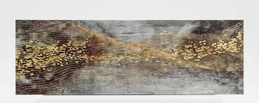 Quadro moderno astratto grigio e oro con onde in rilievo - 90x30 cm