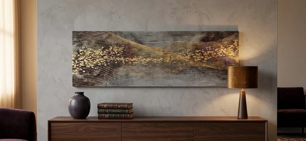 Quadro moderno astratto grigio e oro con onde in rilievo - 90x30 cm
