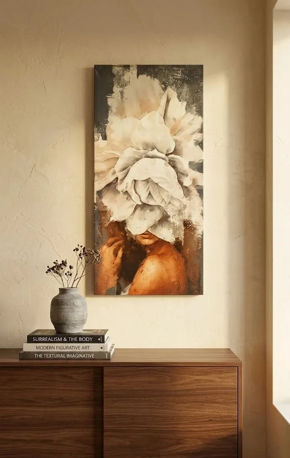 Quadro moderno donna con fiore bianco  - 100x50 cm