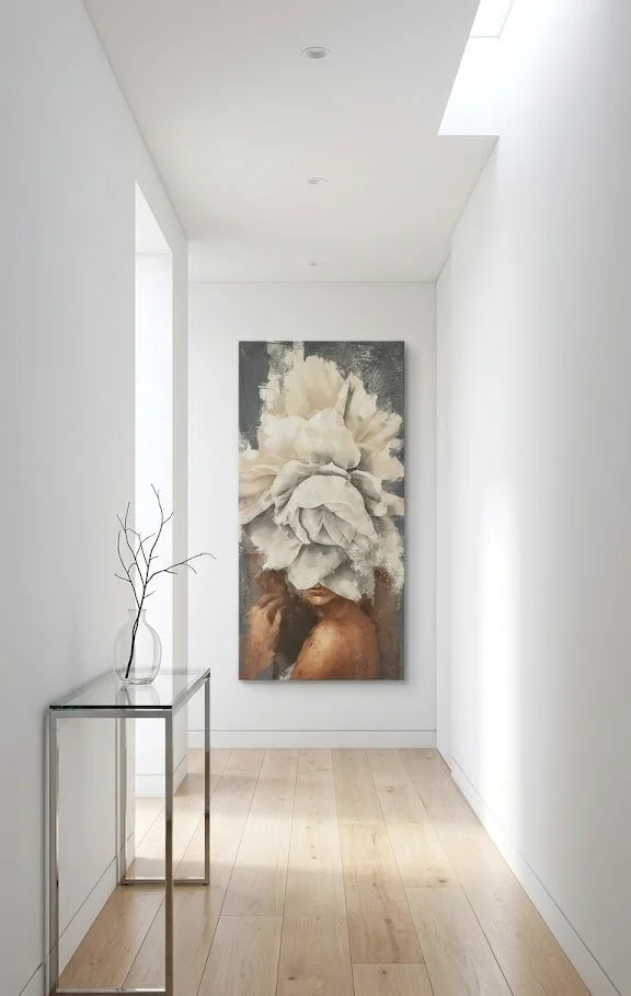 Quadro moderno donna con fiore bianco  - 100x50 cm