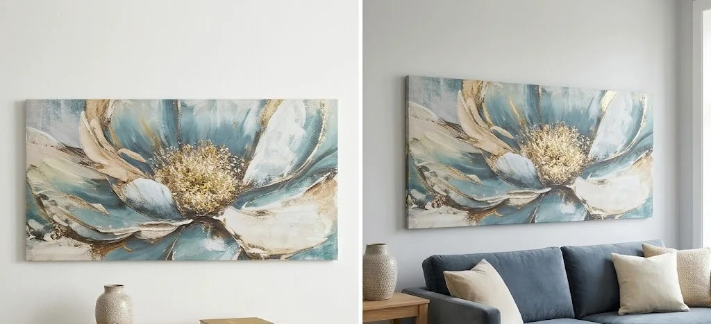 Quadro moderno fiore verde acqua e oro su tela - 100x50 cm
