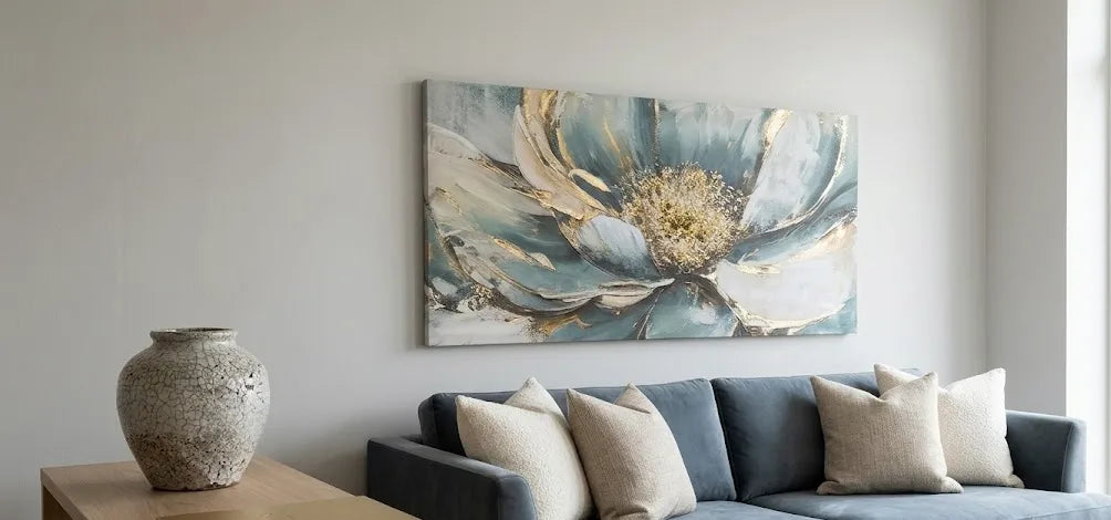 Quadro moderno fiore verde acqua e oro su tela - 100x50 cm