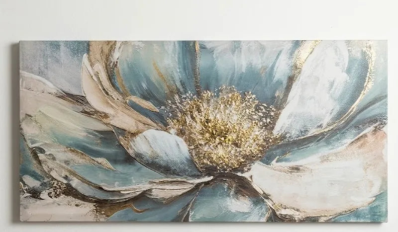 Quadro moderno fiore verde acqua e oro su tela - 100x50 cm