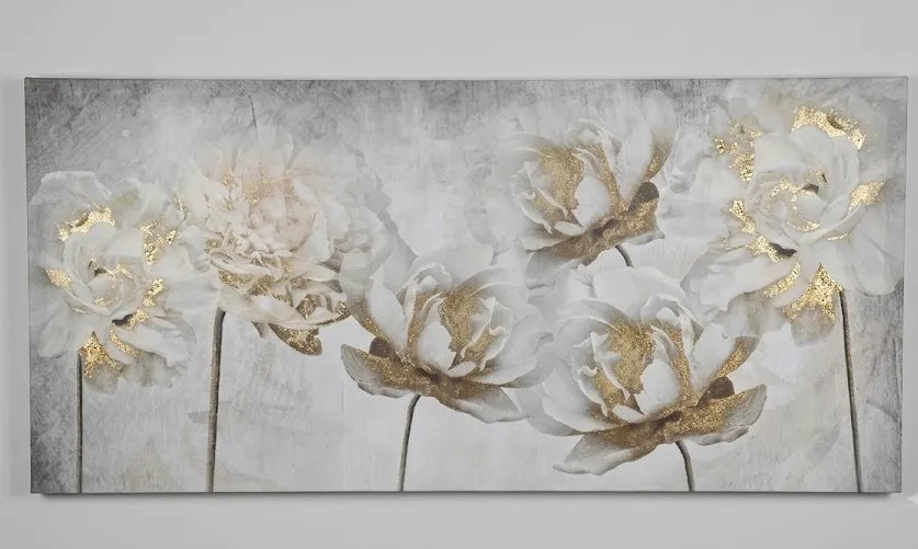 Quadro moderno fiori bianchi e oro su tela