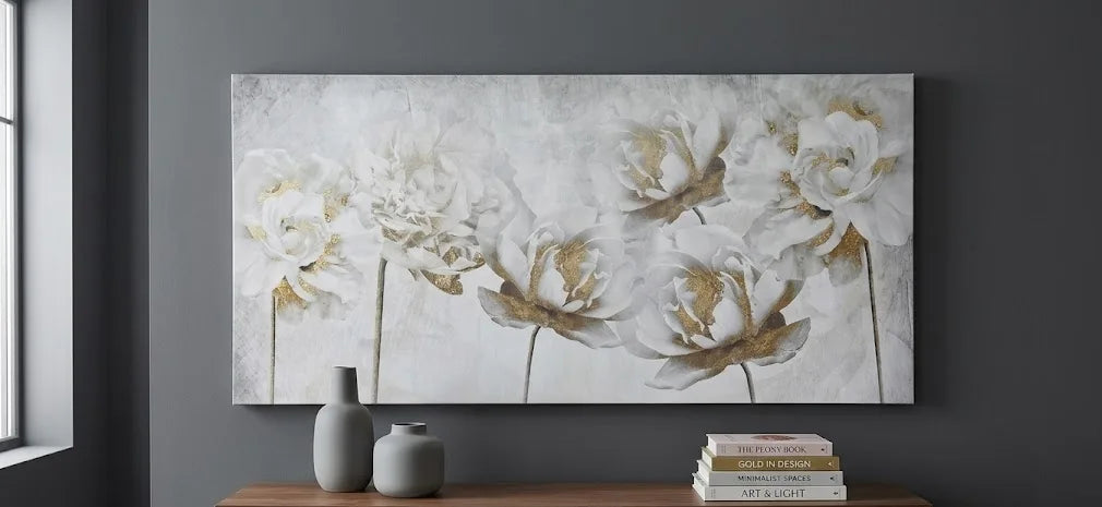 Quadro moderno fiori bianchi e oro su tela